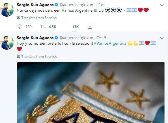 阿圭罗示爱阿根廷：从来没有丧失希望，加油阿根廷